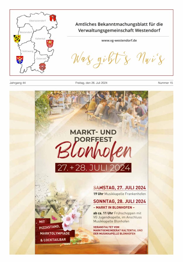 Was gibt's Nui's Amtliches Bekanntmachungsblatt für die VG Westendorf Titelblatt 15/2024