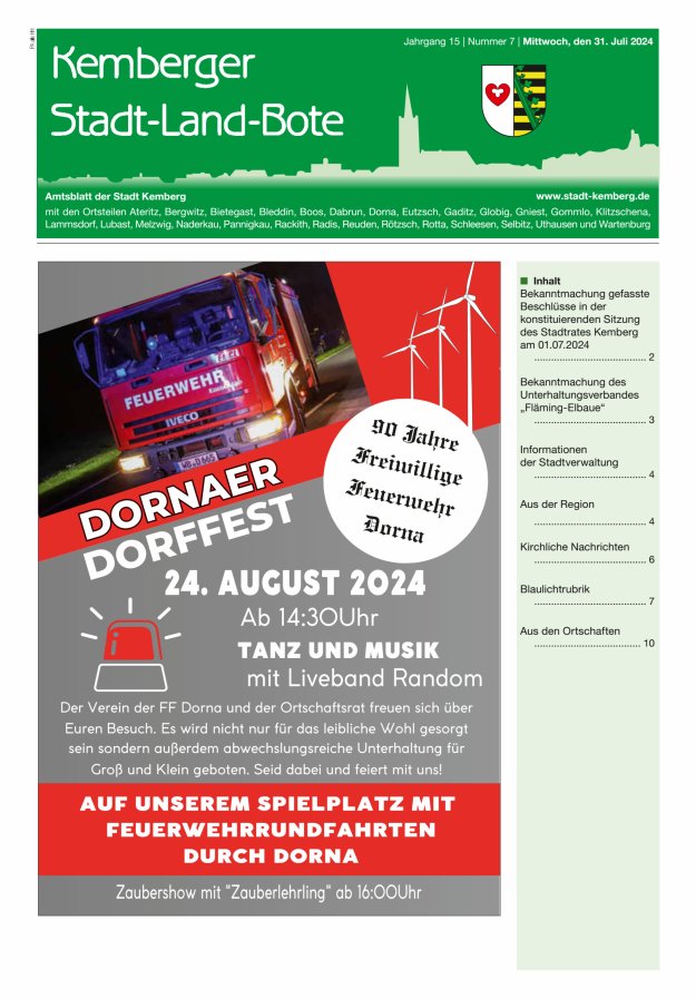 Kemberger Stadt-Land-Bote Amtsblatt der Stadt Kemberg Titelblatt 07/2024