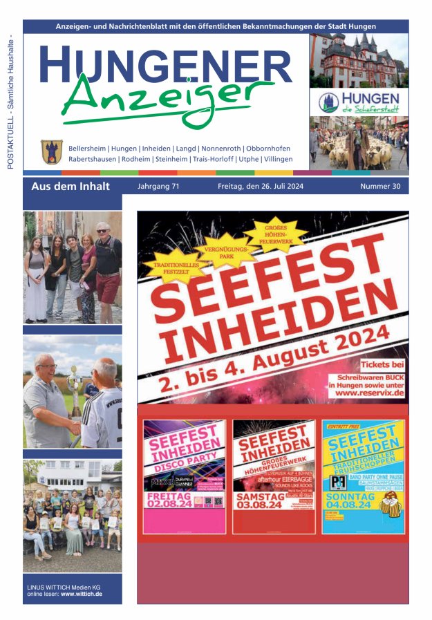 Anzeigen- und Nachrichtenblatt mit den öff  Bekanntmachungen der Stadt Hungen Titelblatt 30/2024