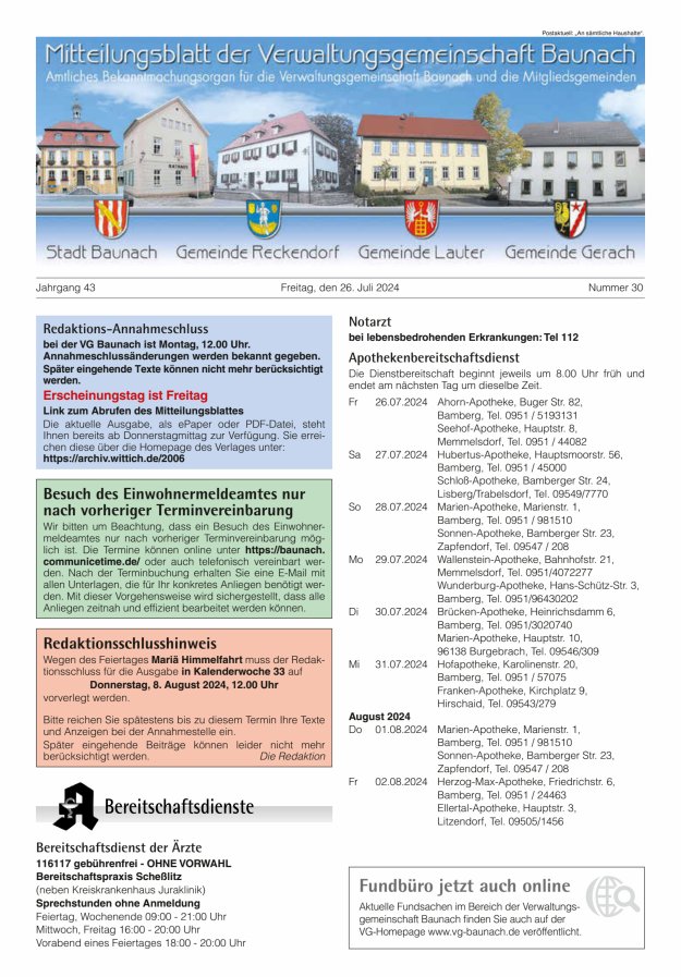 Mitteilungsblatt Verwaltungsgemeinschaft Baunach Titelblatt 30/2024