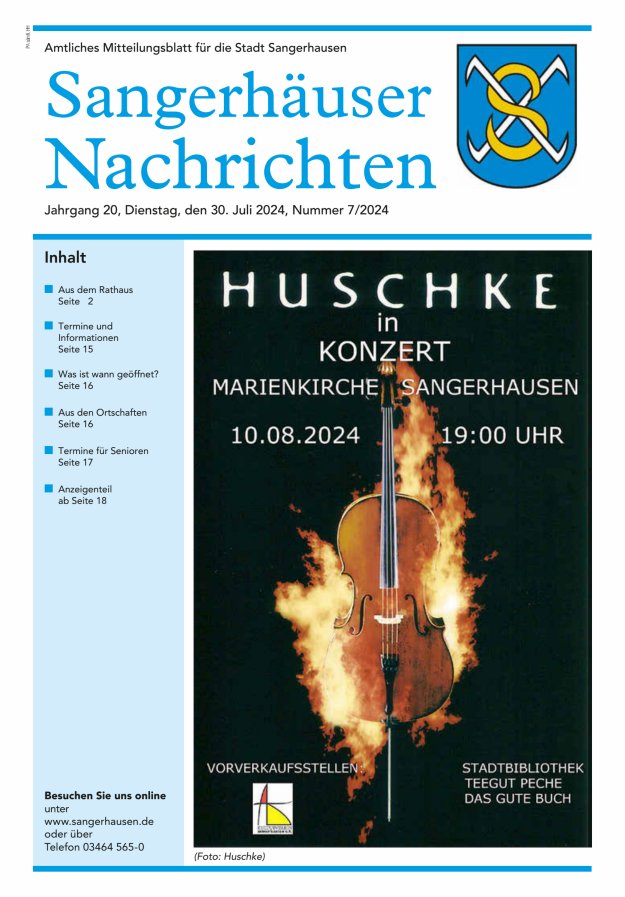 Sangerhäuser Nachrichten – Amtliches Mitteilungsblatt für die Stadt Sangerhausen Titelblatt 07/2024