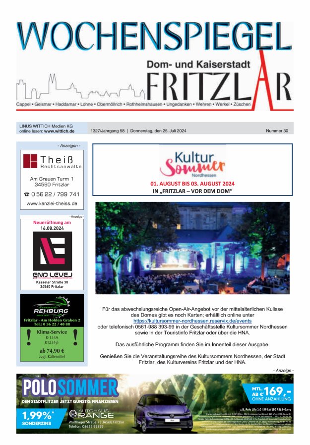 Wochenspiegel Dom- und Kaiserstadt Fritzlar Titelblatt 30/2024