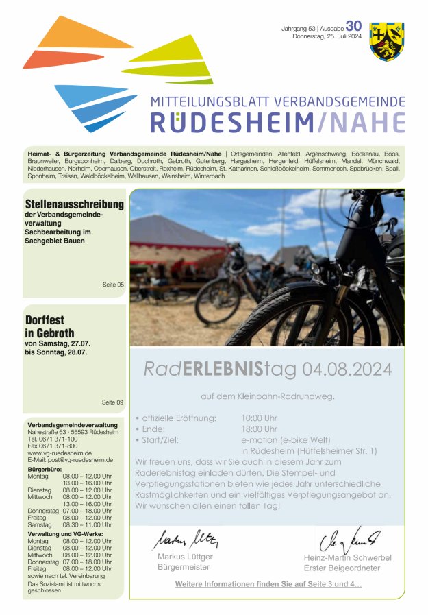 Mitteilungsblatt Verbandsgemeinde Rüdesheim und zugehörige Ortsgemeinden Titelblatt 30/2024