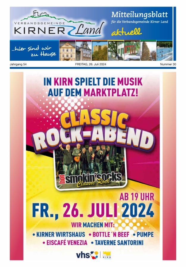 Mitteilungsblatt für den Bereich der Verbandsgemeinde Kirner Land Titelblatt 30/2024