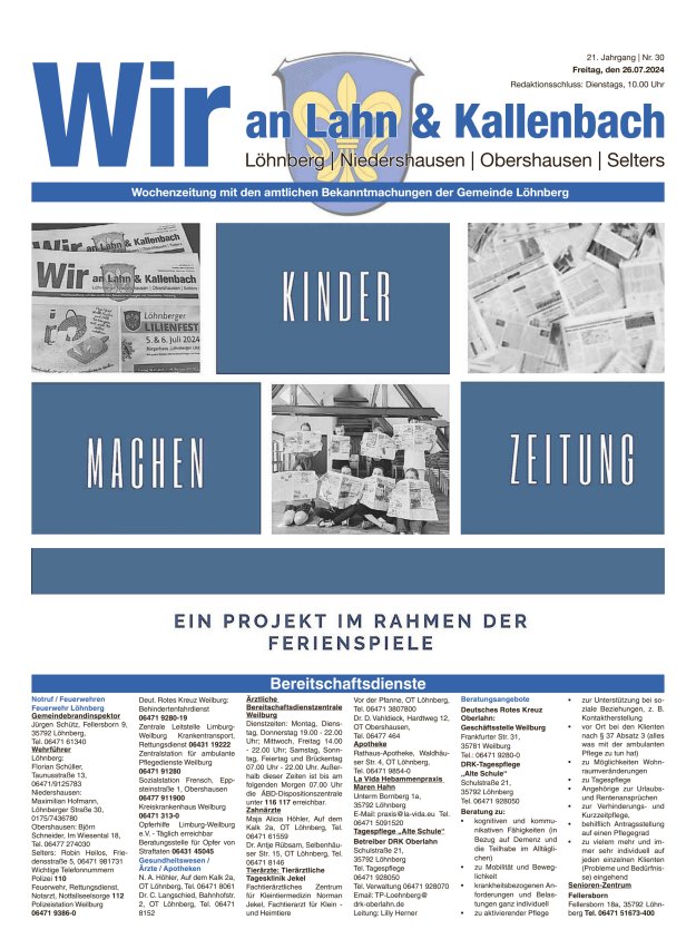 Amtliches Mitteilungsblatt der Gemeinde Löhnberg Titelblatt 30/2024