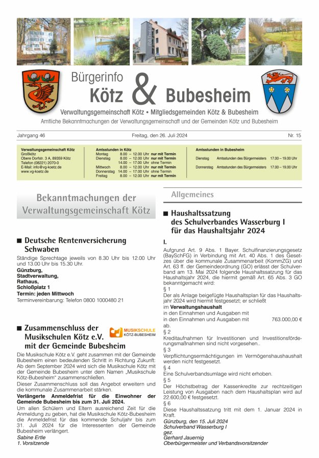 Amtsblatt der VG Kötz und der Mitgliedsgemeinden Titelblatt 15/2024