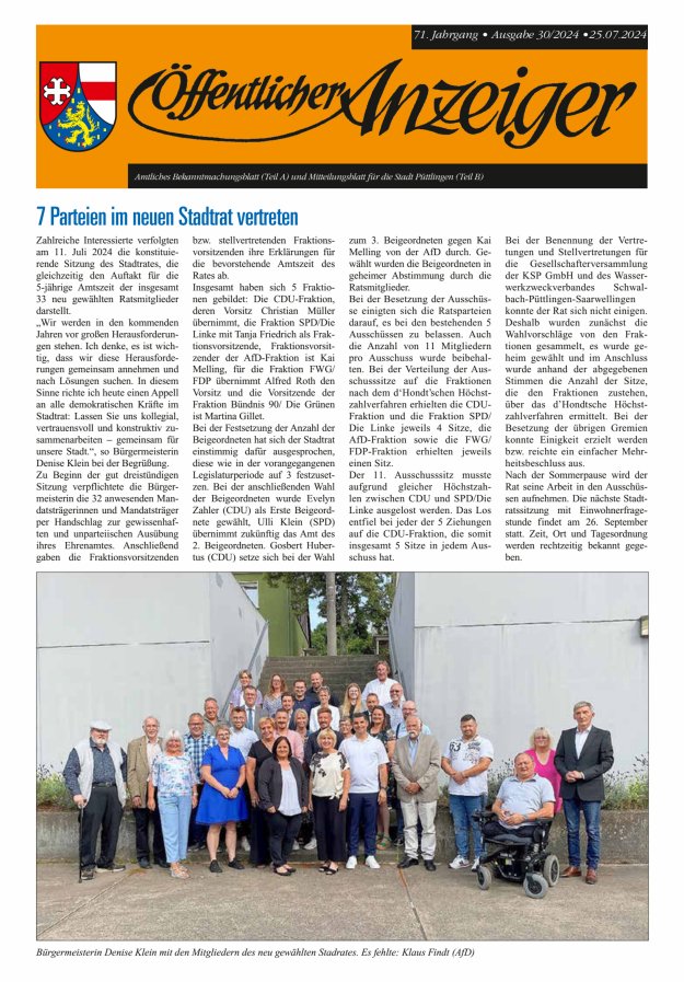 Öffentlicher Anzeiger - Stadt Püttlingen Titelblatt 30/2024