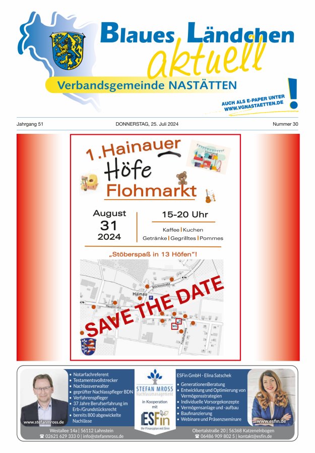 Blaues Ländchen aktuell - Heimat- u Bürgerzeitung VG Nastätten Titelblatt 30/2024