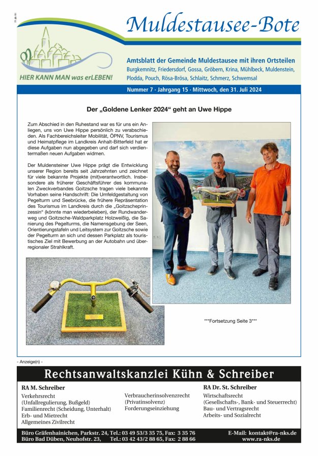 Muldestausee-Bote – Amtsblatt der Gemeinde Muldestausee mit ihren Ortsteilen Titelblatt 07/2024