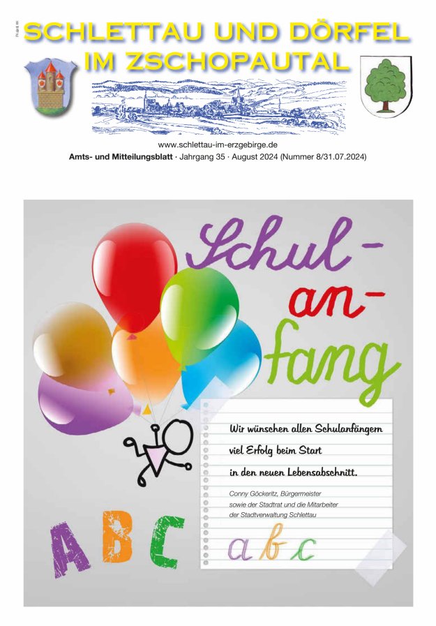 Schlettau und Dörfel im Zschopautal – Amts- und Mitteilungsblatt Titelblatt 08/2024