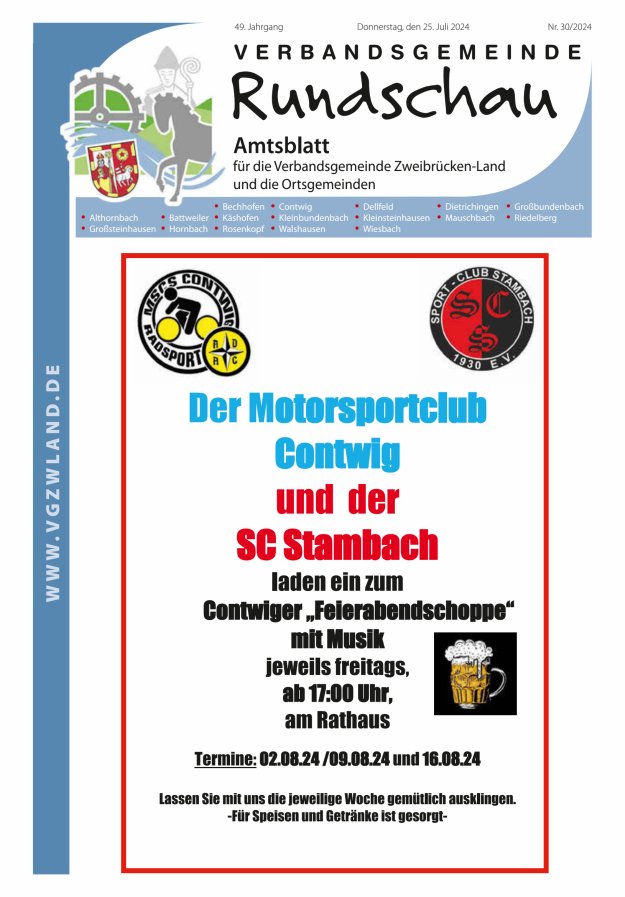 Verbandsgemeinde Rundschau Zweibrücken-Land Titelblatt 30/2024