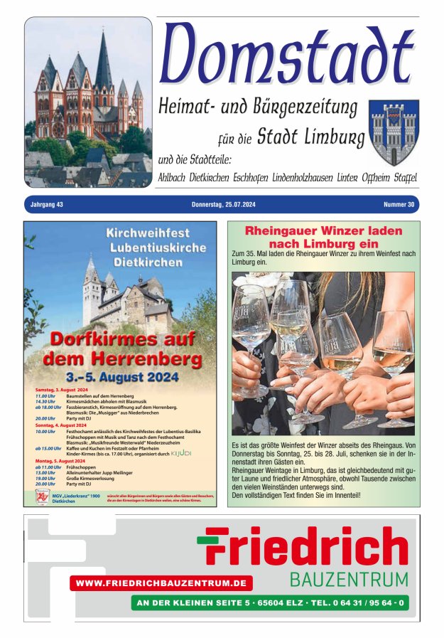Domstadt - Heimat- und Bürgerzeitung für die Stadt Limburg Titelblatt 30/2024