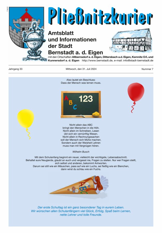 Pließnitzkurier – Amtsblatt und Informationen der Stadt Bernstadt a. d. Eigen Titelblatt 07/2024