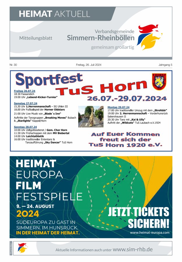 Heimat Aktuell Mitteilungsblatt der VG Simmern-Rheinböllen-Ausg Rheinböllen Titelblatt 30/2024