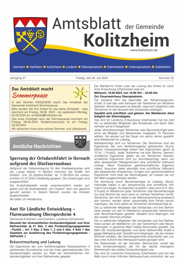 Amtsblatt der Gemeinde Kolitzheim Titelblatt 30/2024