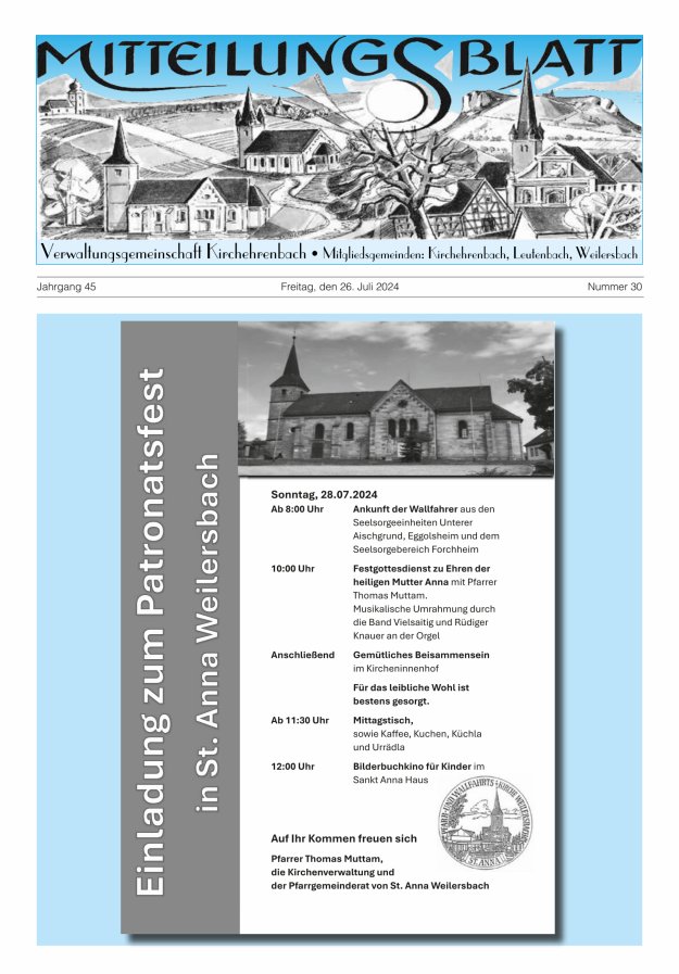 Mitteilungsblatt Verwaltungsgemeinschaft Kirchehrenbach Titelblatt 30/2024