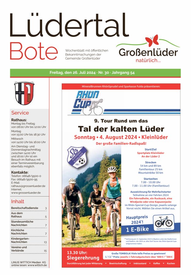 Wochenblatt mit öffentlichen Bekanntmachungen der Gemeinde Großenlüder Titelblatt 30/2024