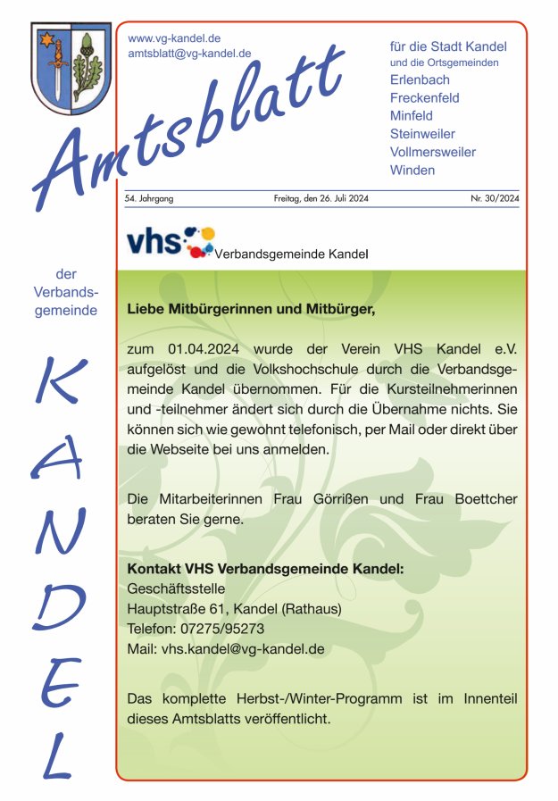 Amtsblatt VG Kandel Titelblatt 30/2024