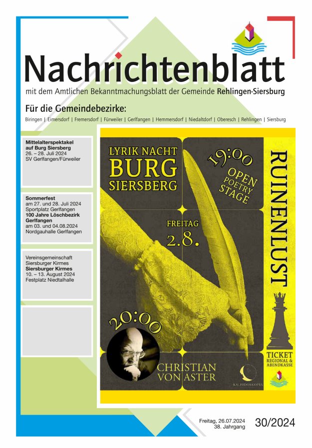 Nachrichtenblatt Rehlingen-Siersburg Titelblatt 30/2024