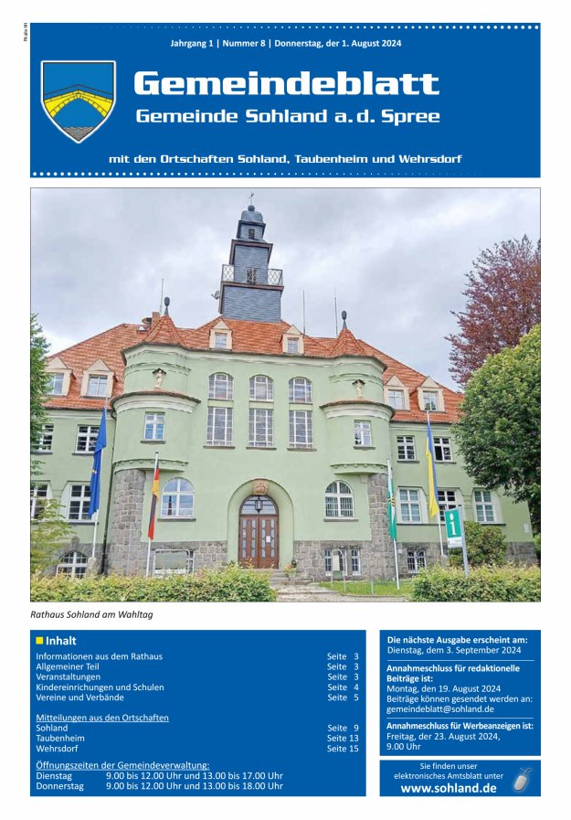 Amtsblatt der Gemeinde Sohland a. d. Spree mit den Ortschaften Sohland, Taubenheim und Wehrsdorf Titelblatt 08/2024