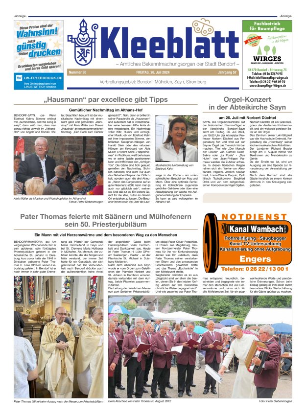 Kleeblatt - Amtliches Bekanntmachungsorgan der Stadt Bendorf Titelblatt 30/2024