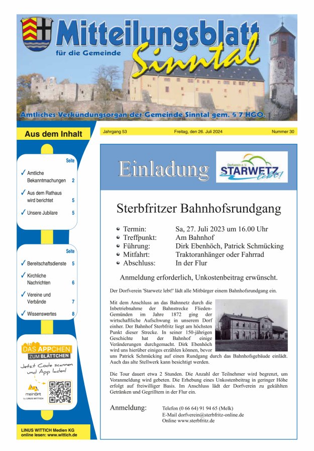 Mitteilungsblatt für die Gemeinde Sinntal Titelblatt 30/2024