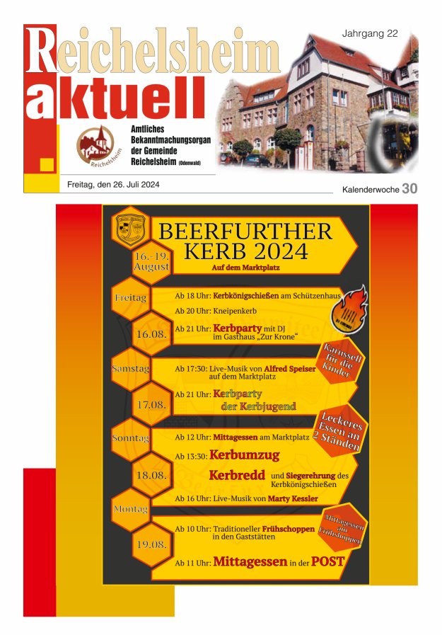 Reichelsheim aktuell - Amtsblatt der Gemeinde Reichelsheim(Odenwald) Titelblatt 30/2024