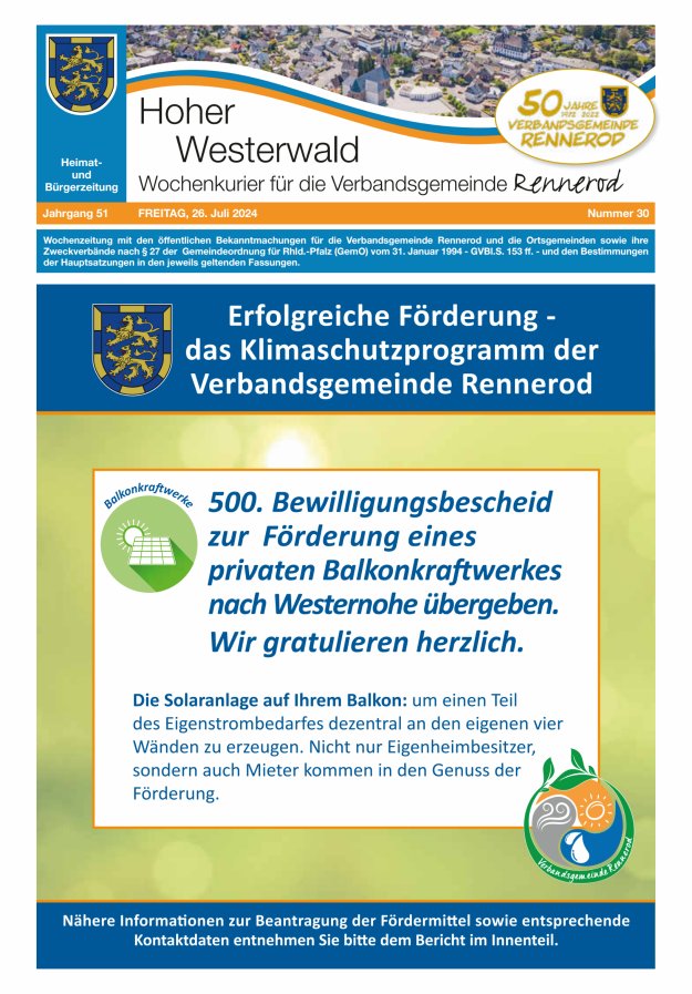 Hoher Westerwald - Wochenkurier für die Verbandsgemeinde Rennerod Titelblatt 30/2024