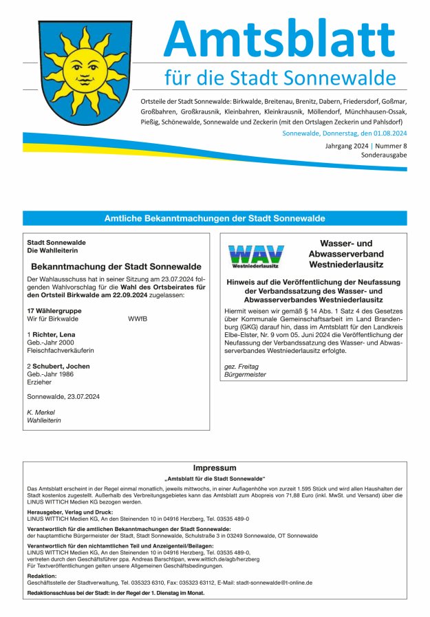 Amtsblatt für die Stadt Sonnewalde Titelblatt 08/2024