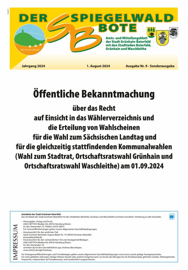 Der Spiegelwaldbote - Amts- und Mitteilungsblatt der Gemeinde Grünhain-Beierfeld  Titelblatt 09/2024