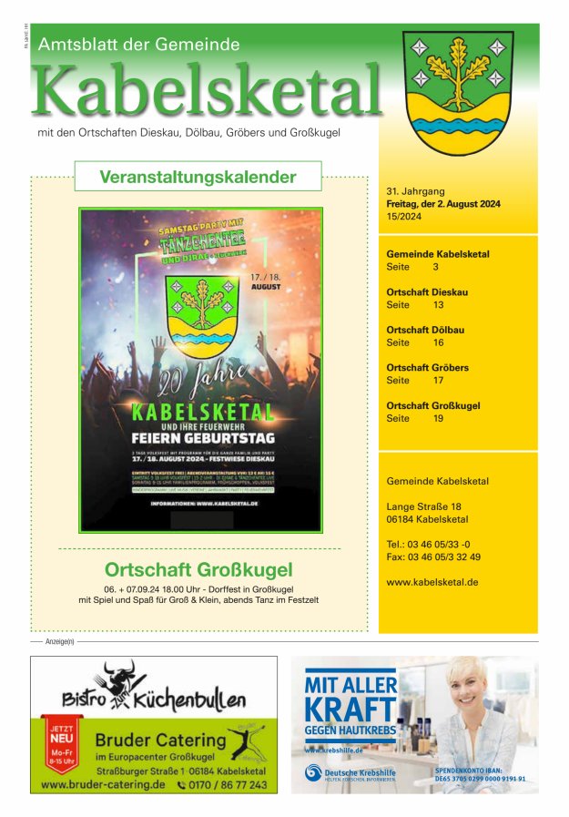 Amtsblatt der Gemeinde Kabelsketal mit den Ortsteilen Titelblatt 15/2024