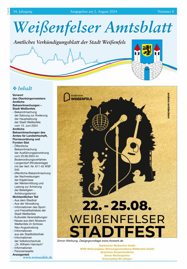 Weißenfelser Amtsblatt – Amtliches Verkündungsblatt der Stadt Weißenfels Titelblatt 08/2024