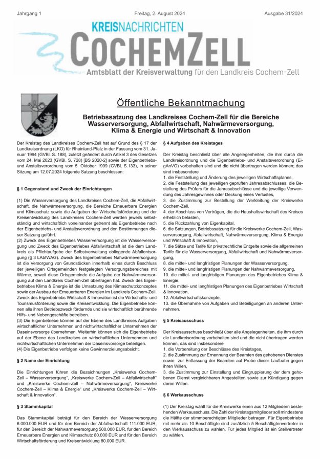 Kreisnachrichten Cochem-Zell Titelblatt 31/2024