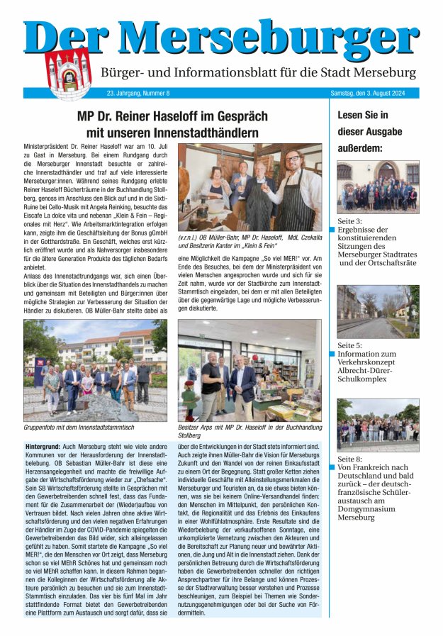 Der Merseburger - Bürger- und Informationsblatt für die Stadt Merseburg Titelblatt 08/2024