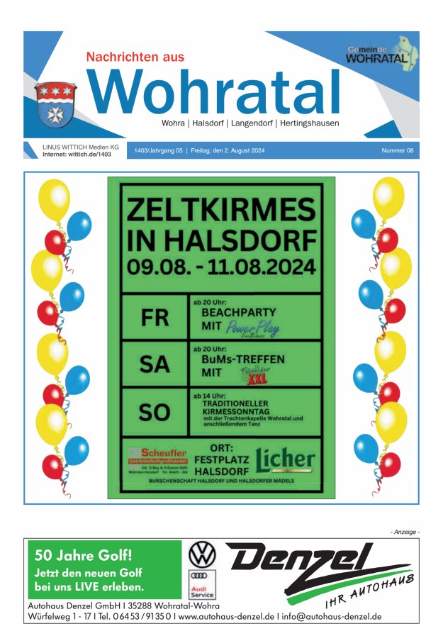 Nachrichten aus Wohratal Titelblatt 08/2024