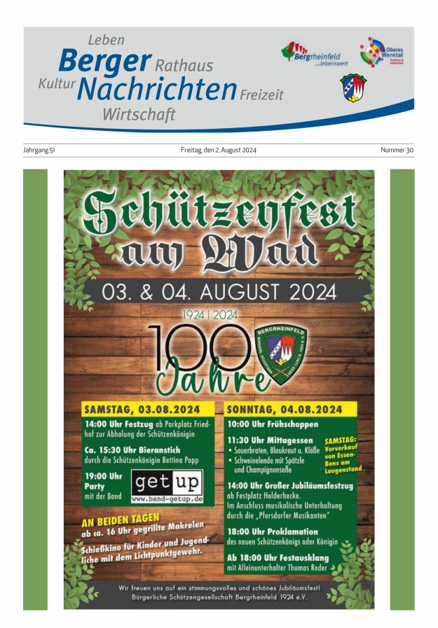 Berger Nachrichten, Bergrheinfeld Titelblatt 30/2024