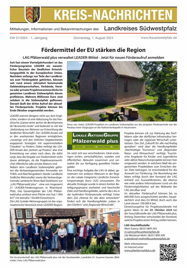 Kreis-Nachrichten - Mitteilungen des Landkreises Südwestpfalz Titelblatt 31/2024