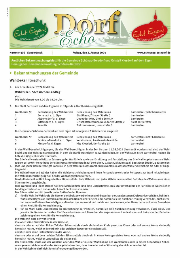 Dorfecho Amtliches Bekanntmachungsblatt für die Gemeinde Schönau-Berzdorf und OT Titelblatt 406/2024