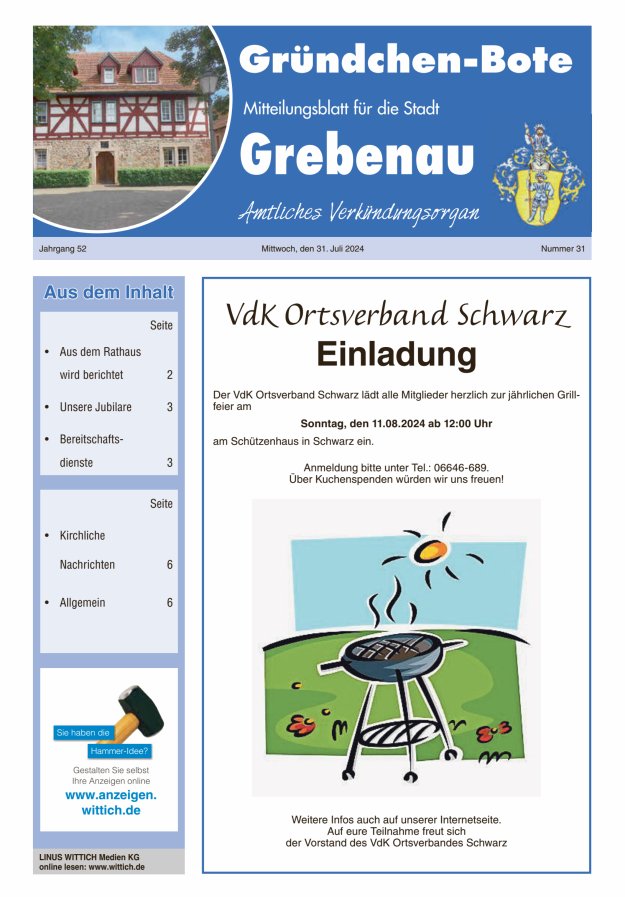 Grebenau - Gründchen Bote - Mitteilungsblatt für die Stadt Grebenau Titelblatt 31/2024
