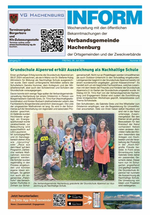 INFORM - Wochenzeitung der Verbandsgemeinde Hachenburg Titelblatt 30/2024
