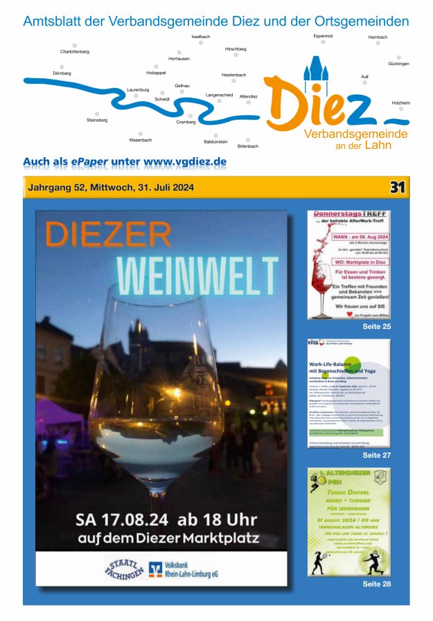 Mitteilungsblatt der Verbandsgemeinde Diez und der Ortsgemeinden Titelblatt 31/2024