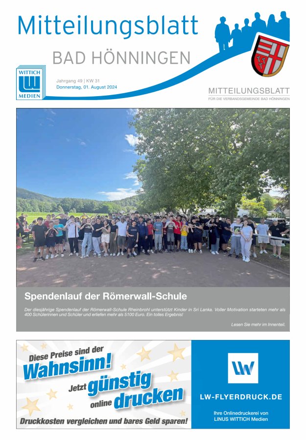 Mitteilungsblatt für den Bereich der Verbandsgemeinde Bad Hönningen Titelblatt 31/2024