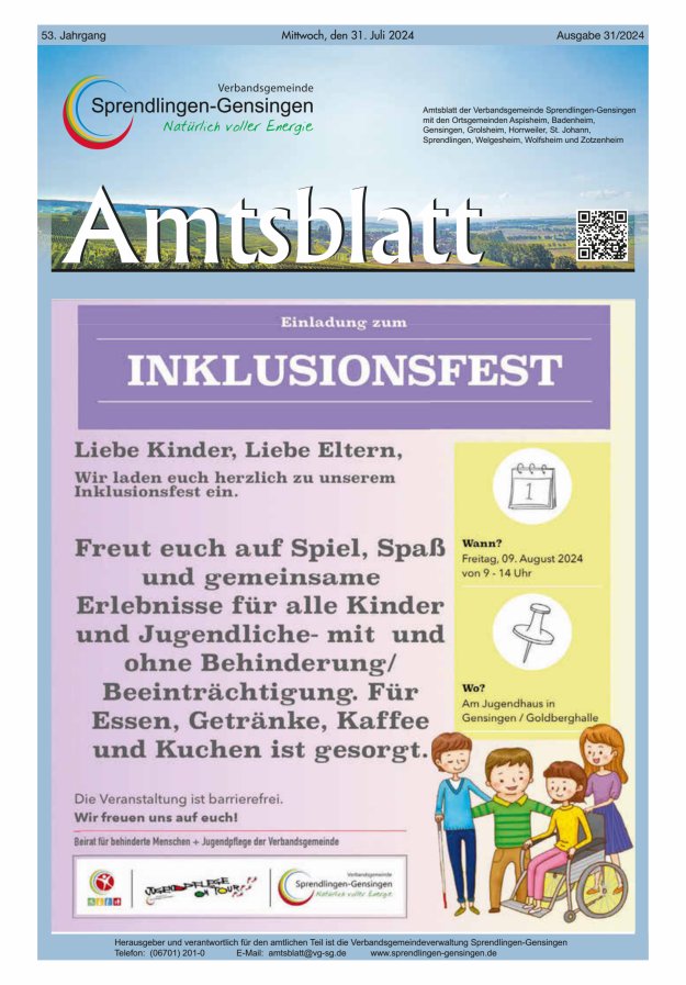 Amtsblatt VG Sprendlingen-Gensingen Titelblatt 31/2024