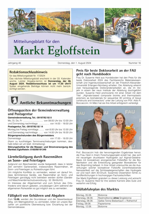 Mitteilungsblatt für den Markt Egloffstein Titelblatt 16/2024
