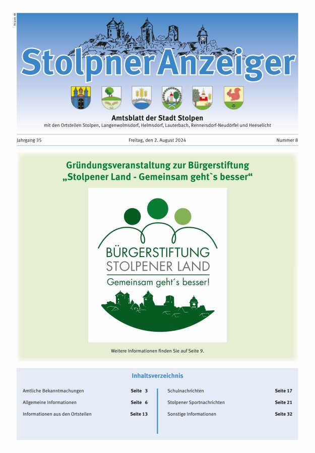 Stolpner Anzeiger - Amtsblatt der Stadt Stolpen mit den Ortsteilen Titelblatt 08/2024