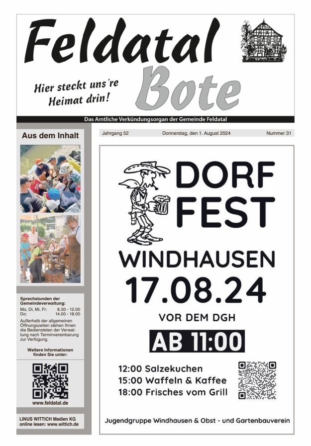 Das Amtliche Verkündungsorgan der Gemeinde Feldatal Titelblatt 31/2024