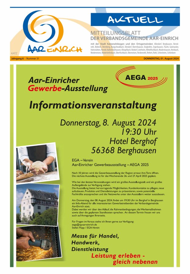 Mitteilungsblatt der Verbandsgemeinde Aar-Einrich Ausgabe Katzenelnbogen Titelblatt 31/2024