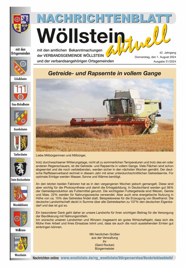 Nachrichtenblatt Wöllstein aktuell Titelblatt 31/2024