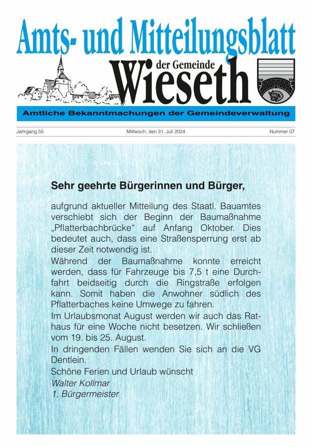 Amts- und Mitteilungsblatt der Gemeinde Wieseth Titelblatt 07/2024
