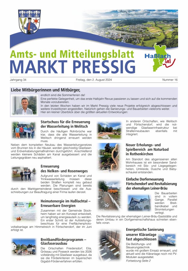 Amtsblatt für den Markt Pressig mit den Gemeindeteilen Titelblatt 16/2024